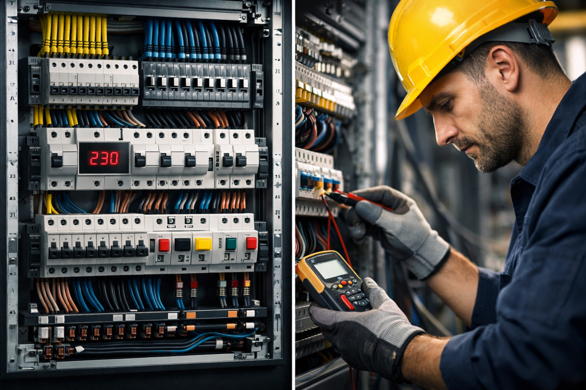 Electricista trabajando en cuadro eléctrico en Madrid